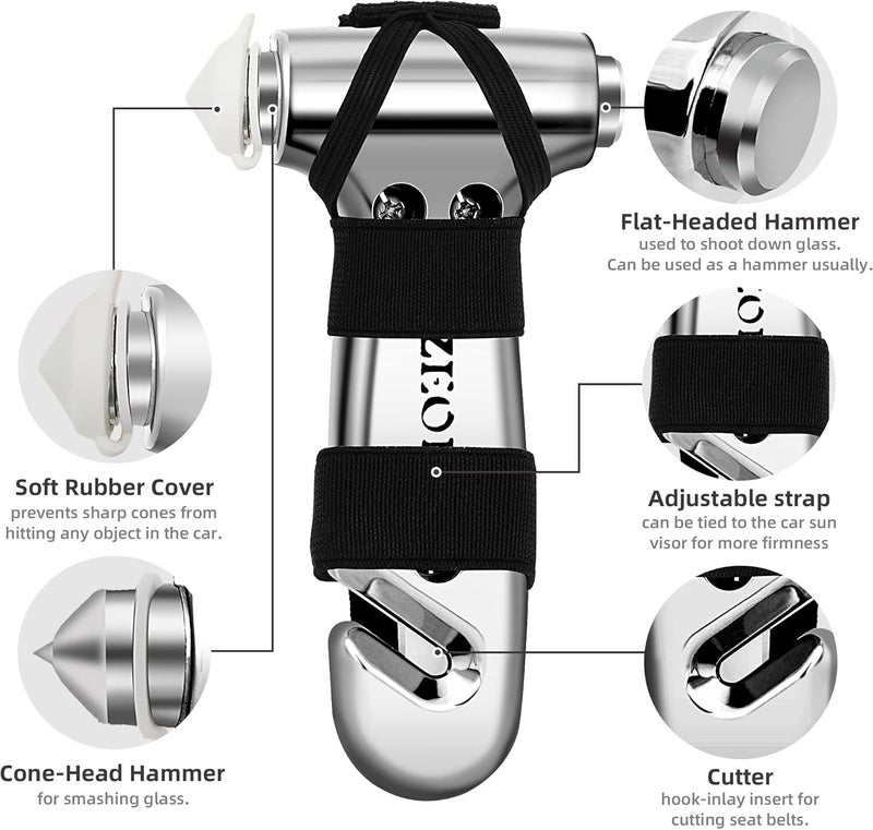SZEOF Safety Hammer Cute with Window Breaker and Seat Belt Cutter,Car Emergency Escape Hammer,Escape Tool,Metallic Silver,2PCS - Image 2
